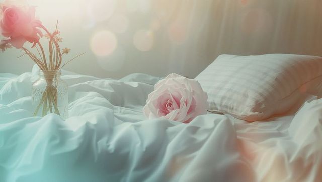 Pale Pink Rose on Fluffy White Bedding with Jar of Roses