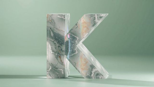 3d marble textured letter k with gold veins on mint green background