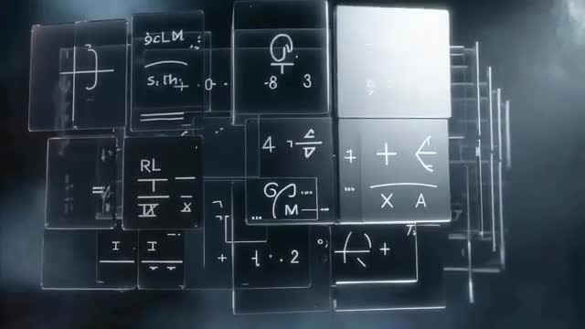 Futuristic Math Symbols on Rotating Panels in 3D Space