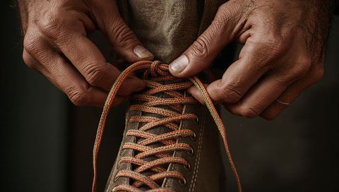 Rugged hands tying patterned shoelaces on brown leather boot — closeup craftsmanship