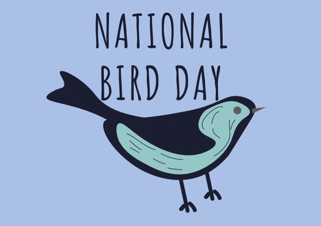 Illustration depicts National Bird Day with a cute blue bird on a light blue background. Uses include promoting National Bird Day events, creating educational materials about birds, or adding to websites/articles centering on wildlife and bird awareness.