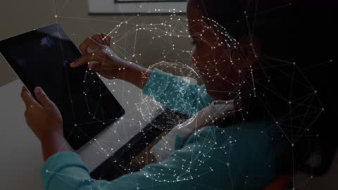 Woman Interacting with Virtual Reality Network Interface