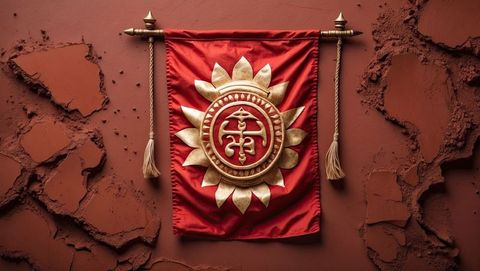 Red banner with golden emblem hanging against textured wall