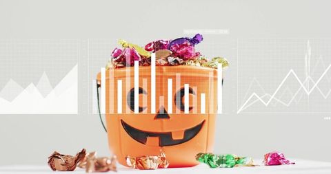 Jack-o'-lantern bucket overflowing with foil candies and analytics chart overlays