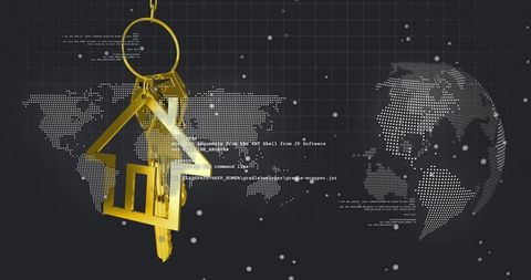 Golden home key fob hovering over digital world map pulsing data streams and code