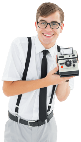 smiling geeky hipster holding vintage camera on transparent background - Download Free Stock Videos Pikwizard.com