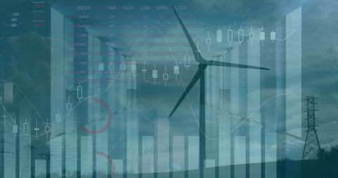 financial graphs overlaying wind farm for sustainable investment concepts - Download Free Stock Images Pikwizard.com