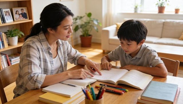 Mother tutoring son at living room table teaching reading and homework skills family learning