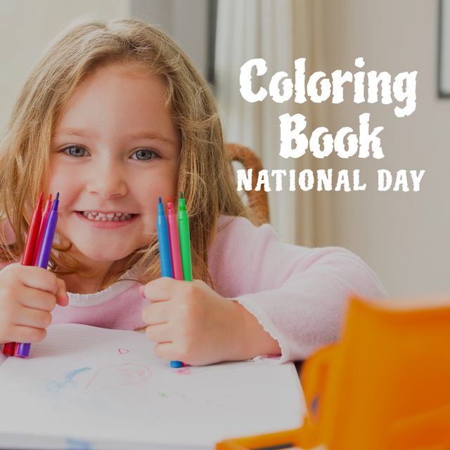 Composite of portrait of caucasian girl holding felt tip pens and coloring book national day text. childhood, smiling, book, art, colors, recreational, healthcare and wellness concept.