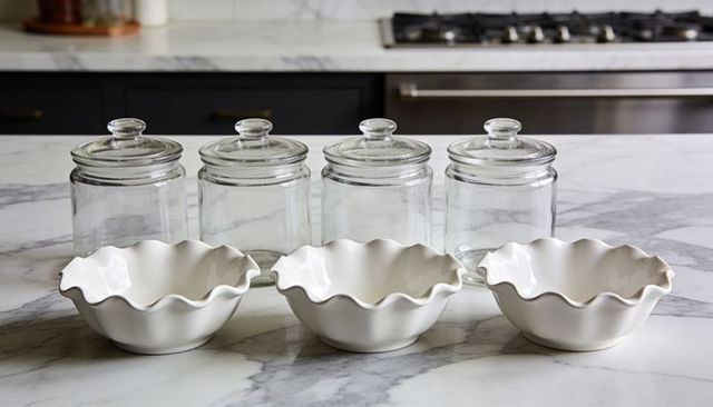 White ruffled ceramic bowls with clear glass canisters on marble countertop