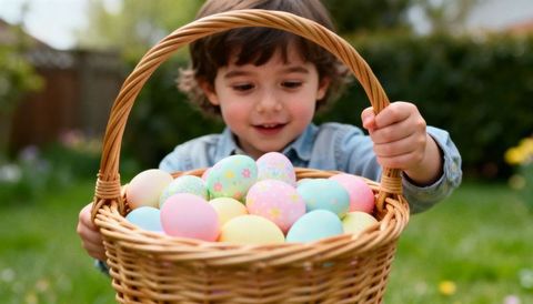 Smiling child holding wicker basket filled with pastel easter eggs in sunny spring backyard