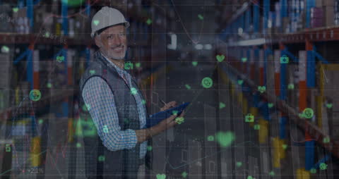 Senior Warehouse Worker Analyzing Financial Data with Graph Overlay