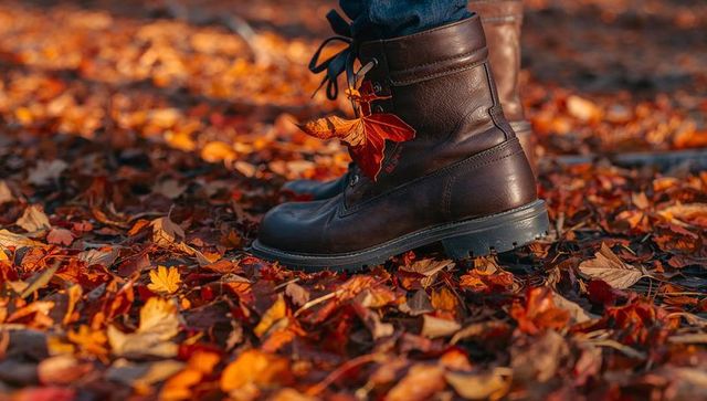 Autumn leather boots standing on colorful fallen leaves with denim leg and laces
