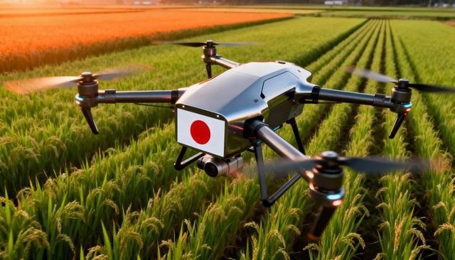 Autonomous agricultural drone surveying rice paddies at golden hour with gimbal camera