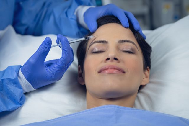 This image depicts a medical professional administering a facial injection to a female patient in an operating room setting. The surgeon is wearing blue gloves and surgical attire, implying a healthcare environment. This picture is ideal for use in medical brochures, plastic surgery advertisements, healthcare websites, and articles discussing cosmetic procedures or patient care within hospitals.