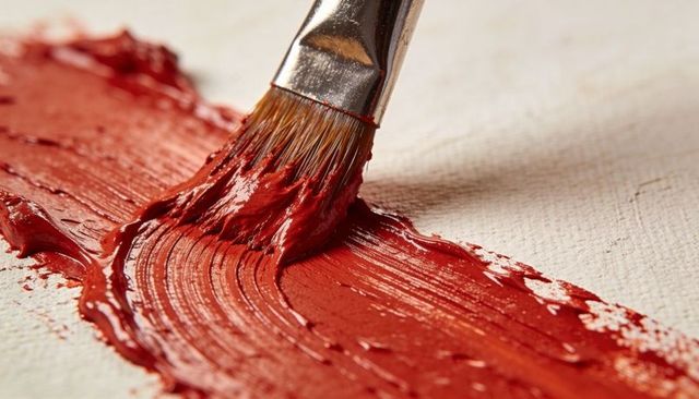 Red oil paint brush creating rich impasto texture on canvas close-up macro detail