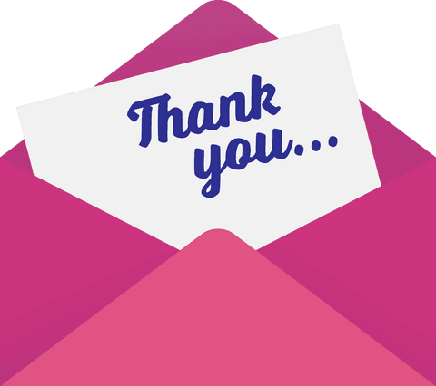 Thank you note in pink envelope on transparent background