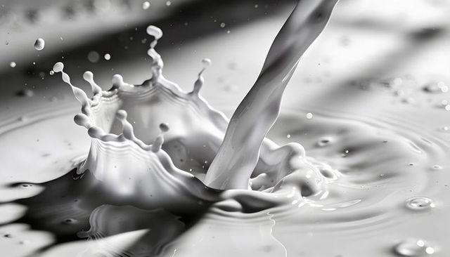 Pouring white liquid creating crown splash and suspended droplets, high-speed macro