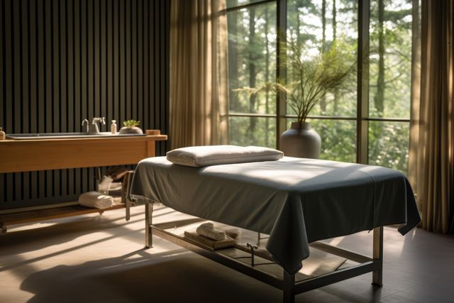 Serene spa room with a treatment table facing large windows showing a forest. Ideal for promoting wellness services, meditation retreats, or relaxation products due to its peaceful and tranquil setting.