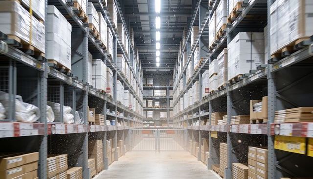 Central warehouse aisle showing steel pallet racks with stacked boxes and wooden pallets