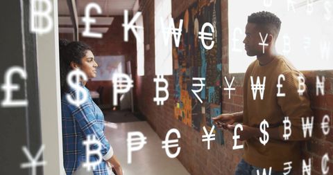 Diverse professionals collaborating surrounded by currency symbols