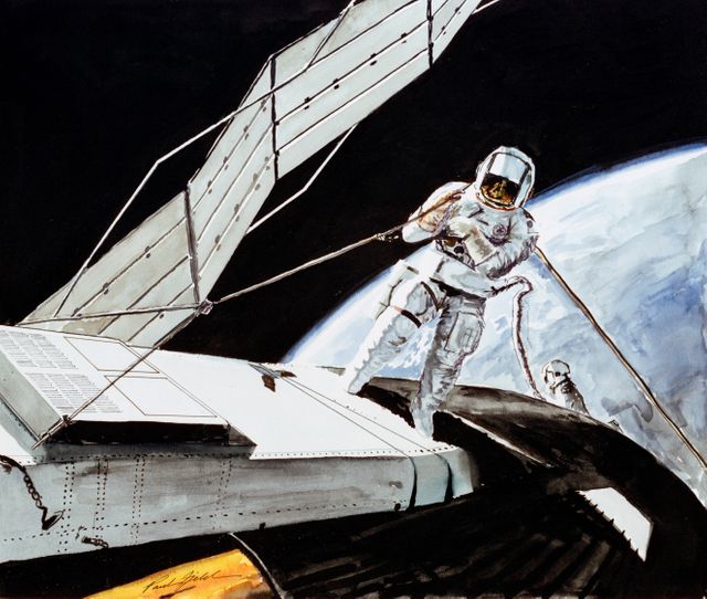S73-27508 (6 June 1973) --- An artist's concept showing astronaut Charles Conrad Jr., Skylab 2 commander, attempting to free the solar array system wing on the Orbital Workshop during extravehicular activity at the Skylab 1 & 2 space station cluster in Earth orbit. The astronaut in the background is Joseph P. Kerwin, Skylab 2 science pilot.  Here, Conrad is pushing up on the Beam Erection Tether (BET) to raise the stuck solar panel. The solar wing is only partially deployed; an aluminum strap is believed to be holding it down. Note the cut aluminum angle.  Attach points for the BET are on the vent module of the solar array beam. The other end of the BET is attached to the "A" frame supporting the Apollo Telescope Mount (ATM) which is out of view. The aluminum strapping is to be out first, freeing the solar array beam. Then, if the beam does not automatically deploy, Conrad will attempt to help by pulling on the BET. The automatic openers may have become too cold to open without assistance. A deployed solar panel of the ATM is at upper left. The EVA is scheduled for Thursday, June 7th. This concept is by artist Paul Fjeld. Photo credit: NASA