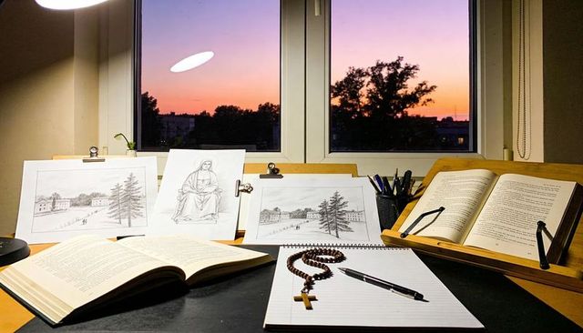 Rosary resting on notepad while pen waiting, sketches and open books at sunset study desk