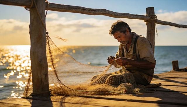 Fisherman mending net on weathered wooden pier at golden hour by calm sea