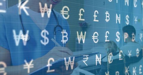 Healthcare Cost Concepts with Currency Symbols Overlaying Doctor