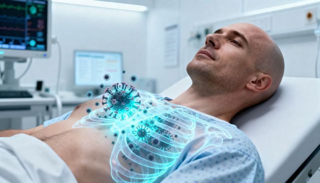 Male patient reclining on hospital bed showing holographic rib cage with viral particles