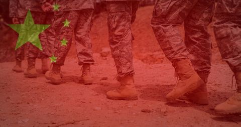 Chinese Military Marching with National Flag Overlay