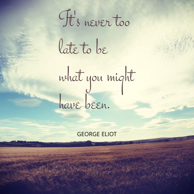 This inspirational image features a vast field beneath a calm, cloudy sky, paired with the quote 'It's never too late to be what you might have been' by George Eliot. The tranquil setting and motivational message embody potential and new beginnings. Ideal for use in personal development content, motivational materials, social media posts aimed at inspiring confidence, posters, or office decor.