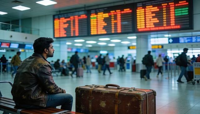 Waiting traveler watching departure board with vintage suitcase in busy airport terminal