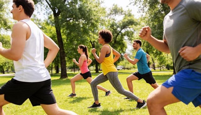 Group outdoor bootcamp: energetic lunges and running drills in sunny morning park workout