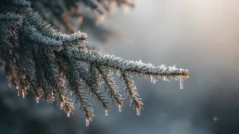 Melting Frost Dripping Icicles on Evergreen Branch in Warm Rim Light Slow Motion