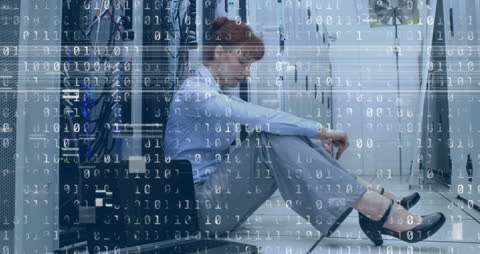 Woman in Server Room with Digital Code Overlay