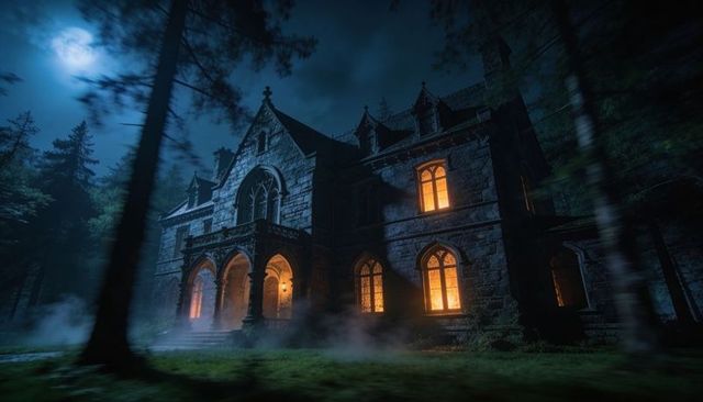 Moonlit Gothic Manor Casting Amber Light Through Arched Windows with Misty Porch