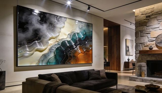Oversized abstract resin wall art featuring spotlight in modern living room and fireplace