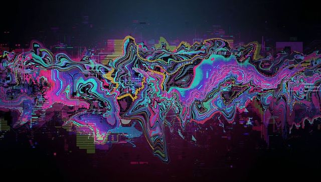 Neon glitch waveform pulsing across dark cyberpunk grid with pixel blocks and scanlines