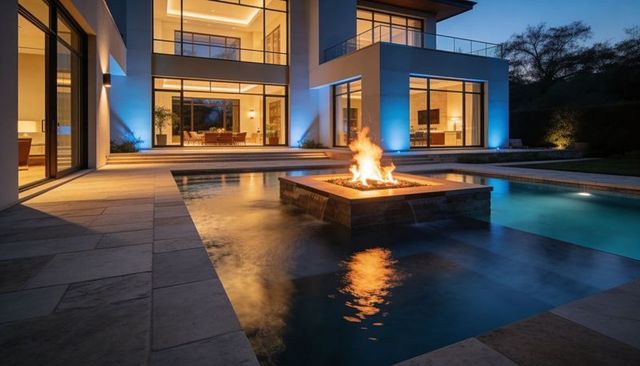 Flickering fire pit glowing over reflecting pool at dusk in luxury modern villa