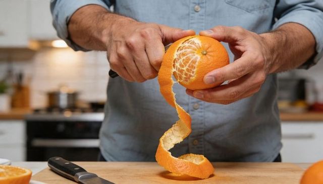 Man peeling orange with paring knife creating long spiral peel in kitchen