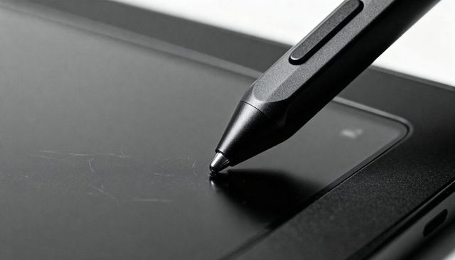 Digital stylus touching graphics tablet surface close-up, pen nib detail and textured bezel