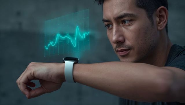 Checking smartwatch hologram with biometric waveform and ar overlay for wearable tech