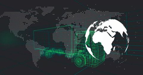 Digital Truck in Virtual Grid with World Map and Globe