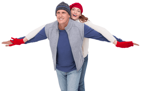 Transparent Joyful Couple Embracing Winter with Playful Spirit