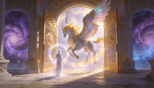 Iridescent pegasus emerging through golden gates while mage summoning celestial sigil