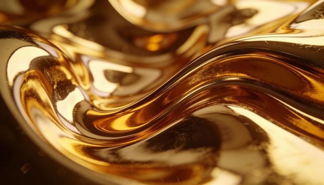 Shimmering liquid gold waves reflecting studio light on glossy metallic surface