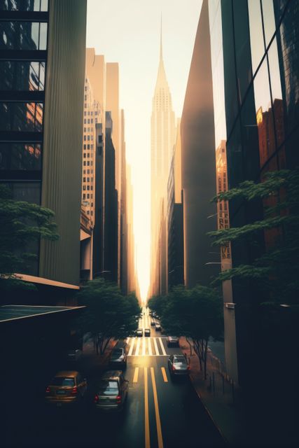Depicting a bustling urban canyon flanked by towering skyscrapers with golden sunlight streaming along the street during golden hour. Perfect for use in city-themed designs, travel brochures, architectural presentations, and urban lifestyle blogs.