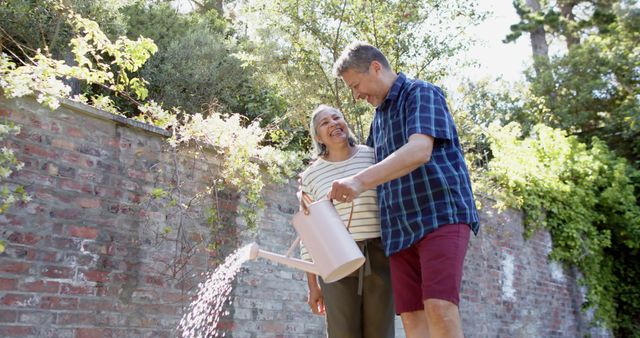 Senior Couple Watering Plants Together in Backyard Garden - Download Free Stock Images Pikwizard.com