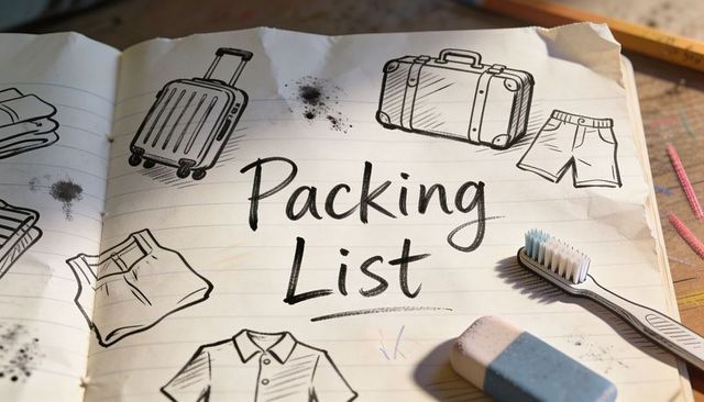 Travel packing list notebook with doodle luggage toothbrush eraser on sunlit desk